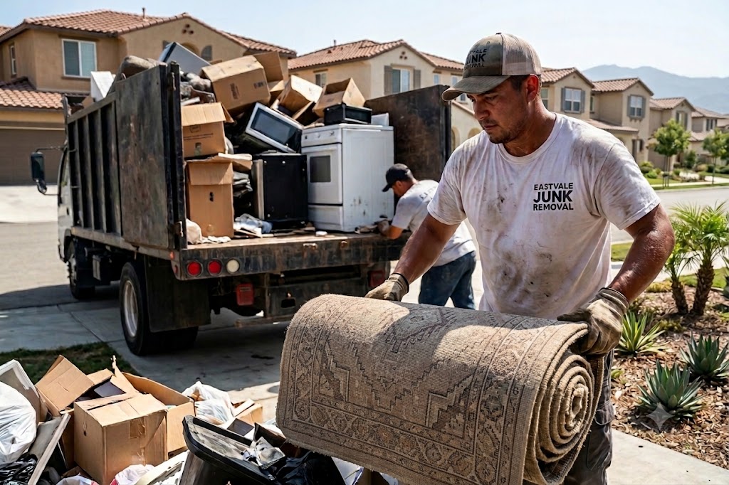Eastvale Junk Removal crew loading a dump truck with old appliances, boxes, and a rolled rug at a residential curbside cleanout in Eastvale, CA