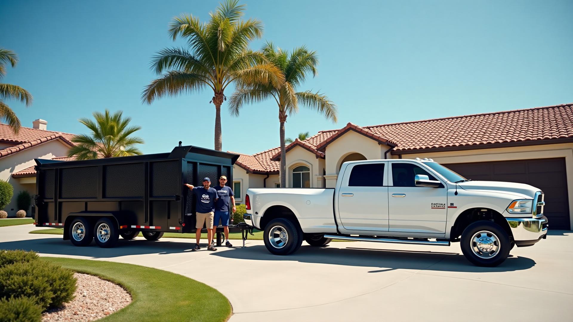 Eastvale Junk Removal crew with white RAM 3500 truck and black dump trailer in Southern California neighborhood